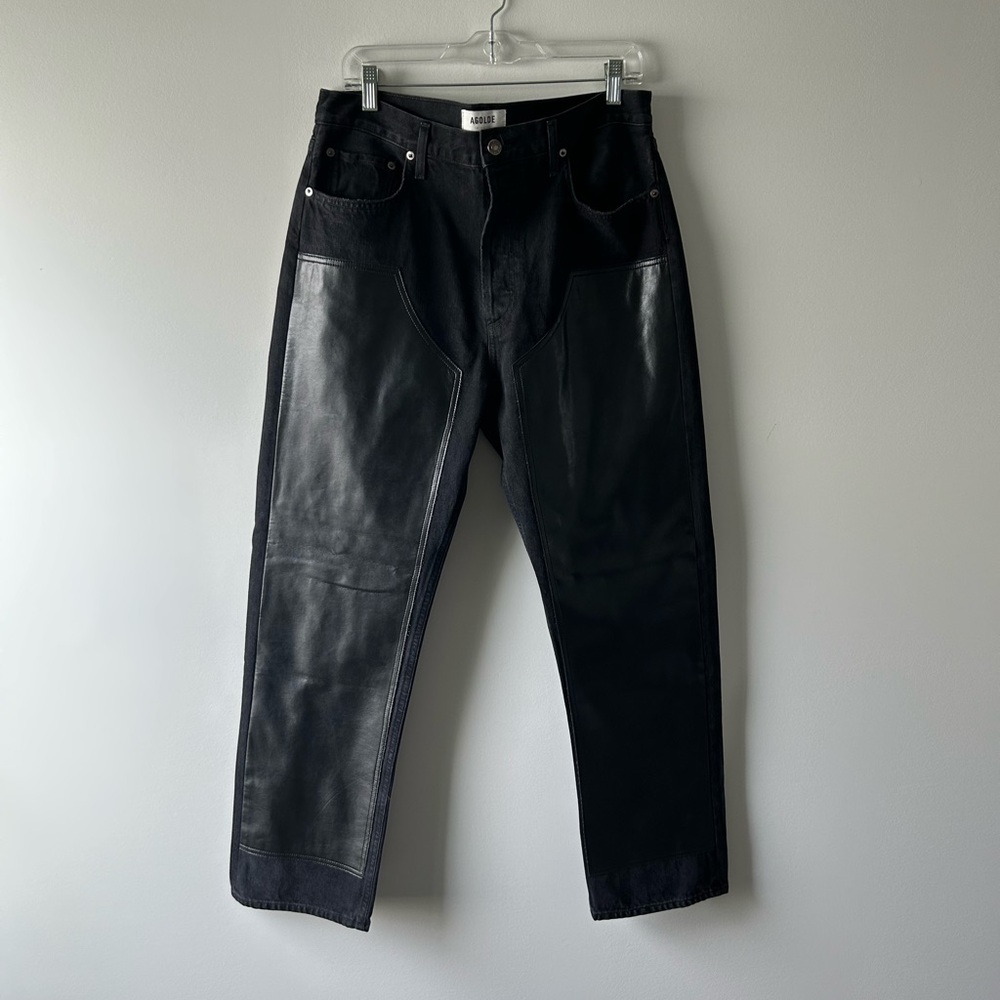 Agolde black leather front panel straight leg jeans
